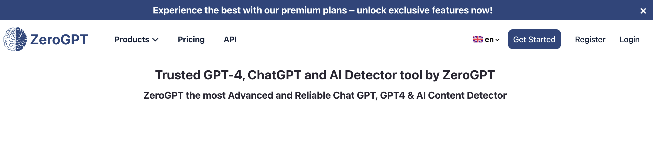 Screenshot of AI detection tool ZeroGPT homepage